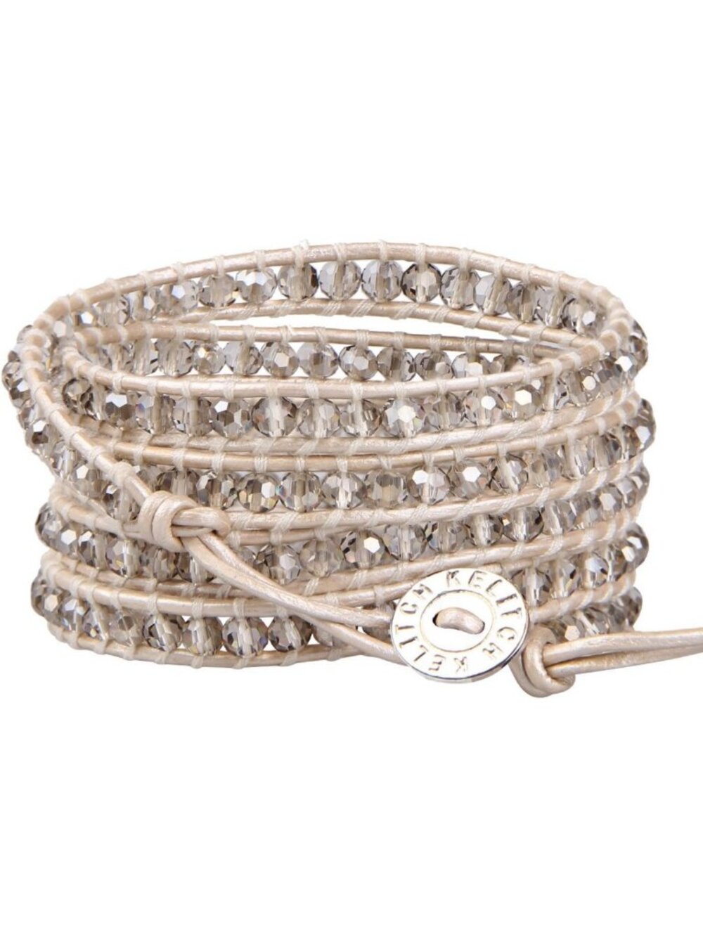 Gray Crystal Beaded 5 Wrap Bracelet | White Leather Friendship Jewelry for Women